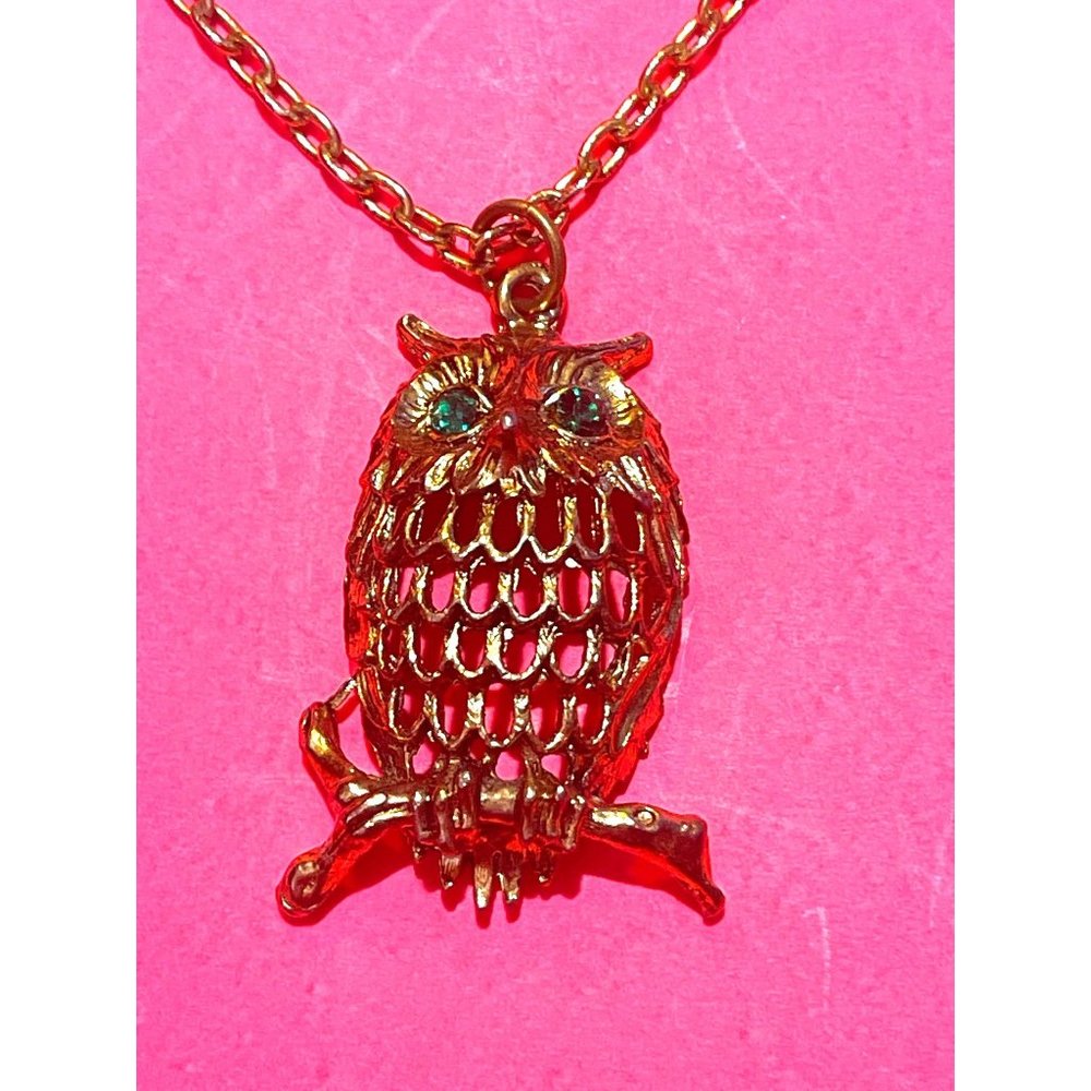 Vintage Two-Strand Chain Necklace With Cuto-out Owl Pendant Emerald Rhinestones
